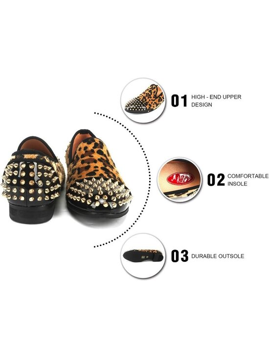 XQWFH Men Leopard Velvet Leather Loafer Embroidery Spiked Slip On Fashion Shoes main image 4